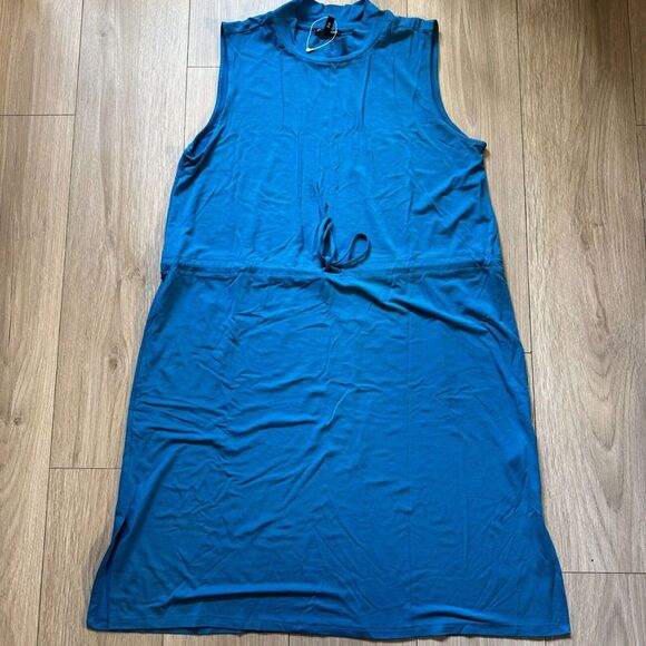 NWOT Eileen Fisher Mock Neck Tie Waist Sleeveless Knee Length Dress Marine Blue - Picture 3 of 12